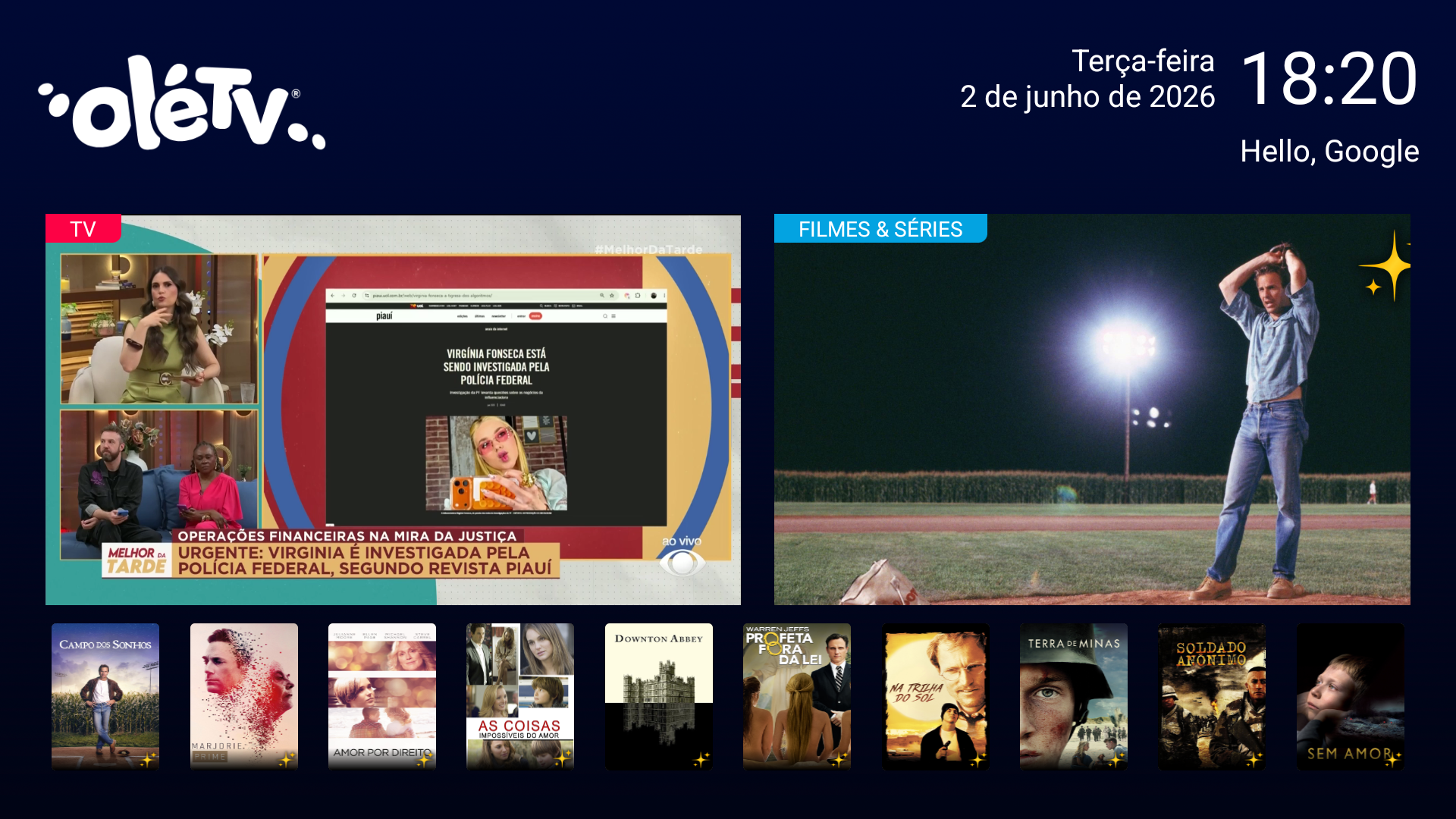 Interface Olé TV com programação de canais
